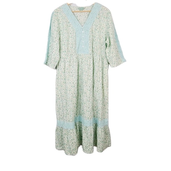 April Cornell Midi Dress Blue Green Pastel Floral Crochet Lace Trim V-Neck 2XL - Picture 1 of 11